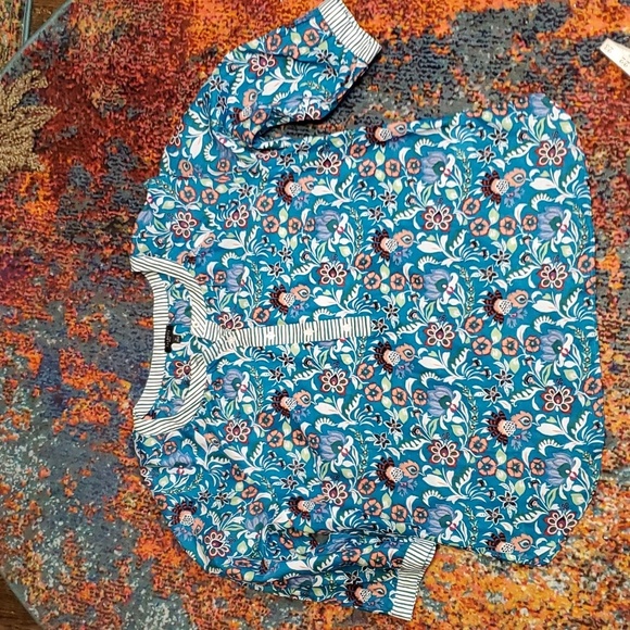 Talbots band collar popover turquoise blue jocobean floral 100% cotton sz. PL - Picture 6 of 10